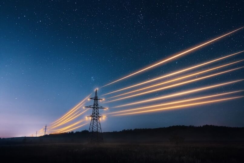 Electricity transmission towers with orange glowing wires against night sky. NERC-Long-Term-Reliability-Assessment-LTRA-2024.
