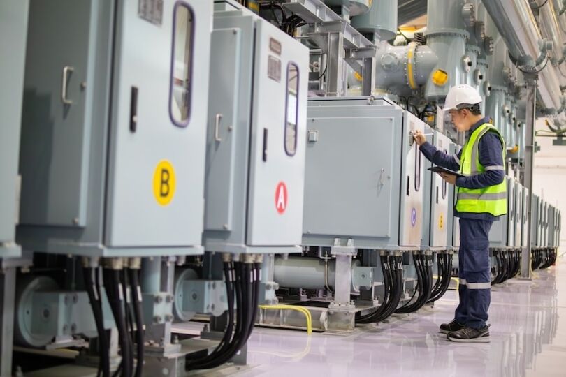 Power station engineer working on electrical control panel in industrial facility with safety helmet and reflective vest Independent Engineering: Turning Power Plant Plans into Bankable Projects