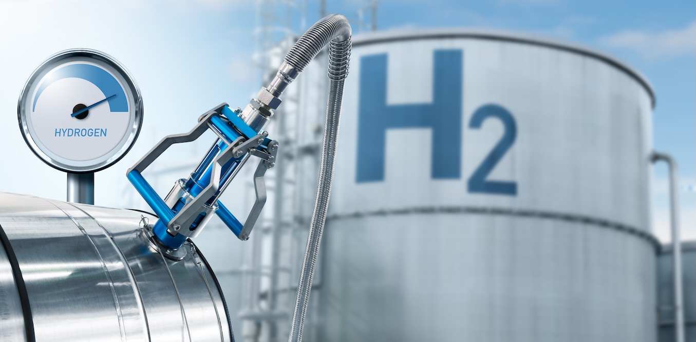 Hydrogen gauge and nozzle on a background of gas tanks. Green hydrogen production concept Green Hydrogen as Long-Duration Energy Storage